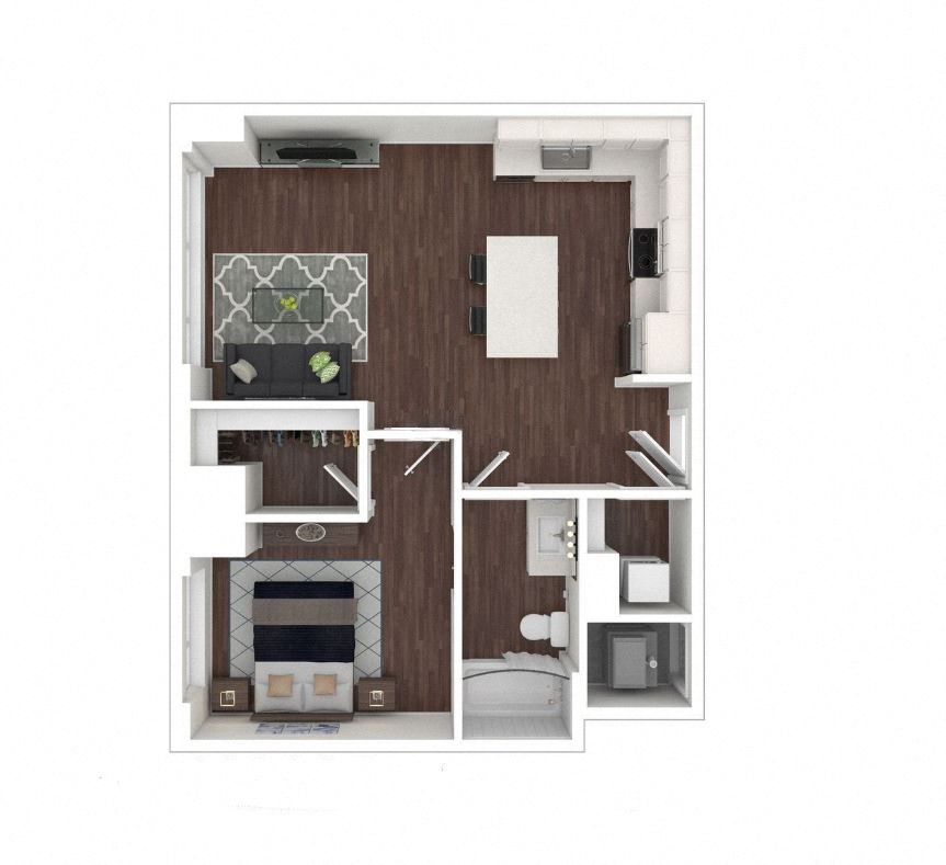 Floor plan for 1 bed, 1 bath, 748 sqft
